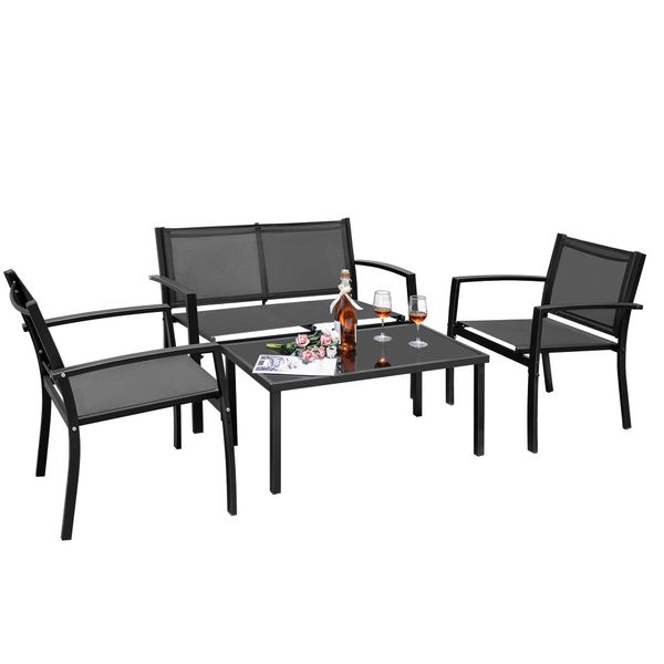 4-teiliges Terrassenmöbel-Set für den Außenbereich, Textilene-Bistro-Set, modernes Konversationsset, schwarzes Bistro-Set mit Loveseat-Teetisch für Zuhause