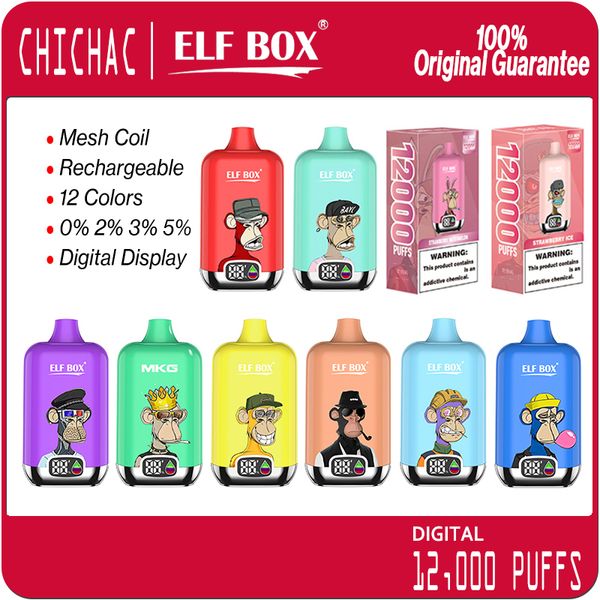 Elf Box recarregável descartável Vape Digital 12000 Puffs E Cigarettes Puff 12K Mesh Coil Vaporizadores com óleo Power Display 0% 2% 3% 5% 12 sabores 25ml Pod pré-preenchido