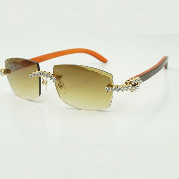Modischer Luxus-Stil 3524015 mit neuen Diamanten, 5,0 mm Original-Beine aus natürlichem orangefarbenem Holz, randlose, gravierte Gläser für Herren- und Damen-Sonnenbrillen