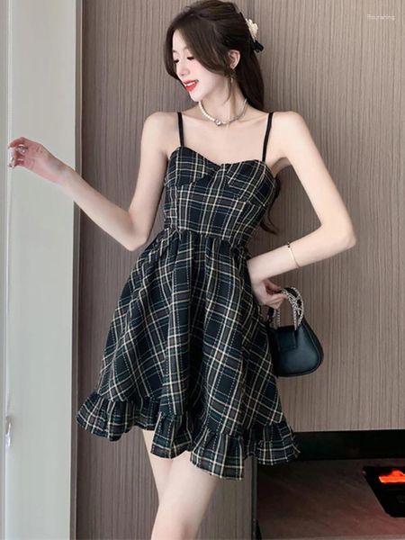 Casual Kleider Sommer Plaid Elegante Rüschen Mini Kleid Frauen Mode Kawaii Sling 2023 Koreanische Off Schulter Sexy Club