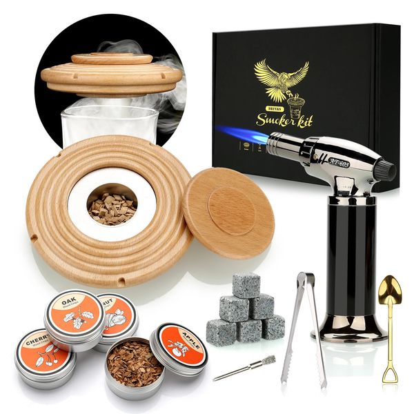 Strumenti da bar Kit per fumatori di cocktail con torcia 4 trucioli di legno Cucchiaio di pietre per whisky Pinza per ghiaccio Accessori per fumatori senza butano per barista 231124