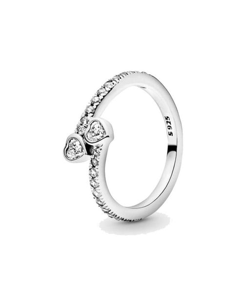 Joias finas autênticas 925 prata esterlina anel ajuste charme dois corações brilhantes noivado diy anéis de casamento 5547800