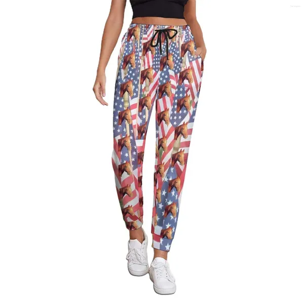 Calças femininas Cavalo Cabeça Jogger Mulheres Bandeiras Americanas Casual Sweatpants Outono Personalizado Coreano Moda Grande Tamanho Calças Presente de Aniversário