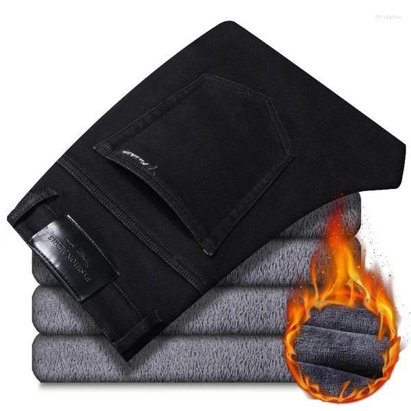 Calças de brim masculinas inverno velo preto azul 2023 negócios casual quente engrossar fino ajuste estiramento denim calças masculinas marca