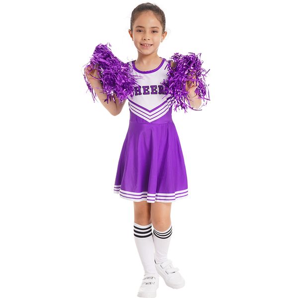 Cheerleading Girls Uniform Fantaspume Kids Líder de Cheerleader Rouno Round decote de retalhos de retalhos Vestido Flor e meias 230425