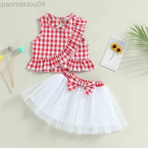 Set di abbigliamento set di abiti da bambina principessa set estivi con impronta a quadri a pipì piste a taglio + gonna tutu 0-2 y bambine abiti di abbigliamento aa230426