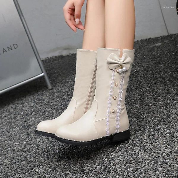 Botas outono inverno doce corda contas tornozelo princesa baixo salto lateral zip arco botas festa meninas sapatos rosa bege branco 2023