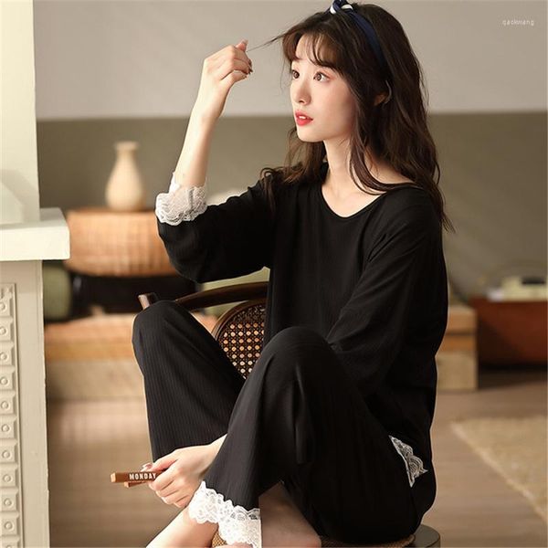 Moda de sono feminina 2023 Modal de outono pijamas mulheres redondo pescoço estilo coreano Moda simples traje caseiro solto e sexy arestão de renda