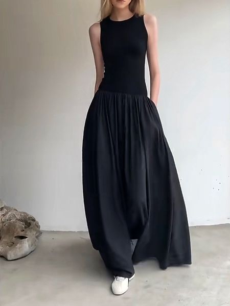 Freizeitkleider Sportliches schwarzes langes Trägerkleid Frau Frühling Sommer O-Ausschnitt bodenlang Bürodame Freizeittaschen Kleider für Frauen 230425