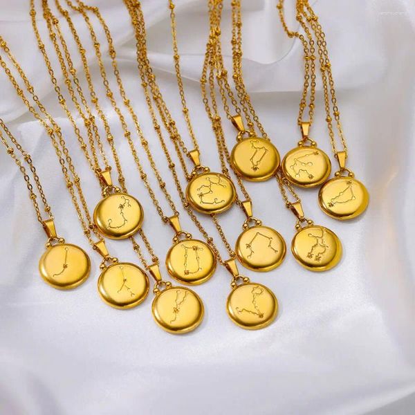 Colares pingentes doze constelações do zodíaco colar de aço inoxidável para mulheres jóias 18k banhado a ouro acessórios de sorte em relevo
