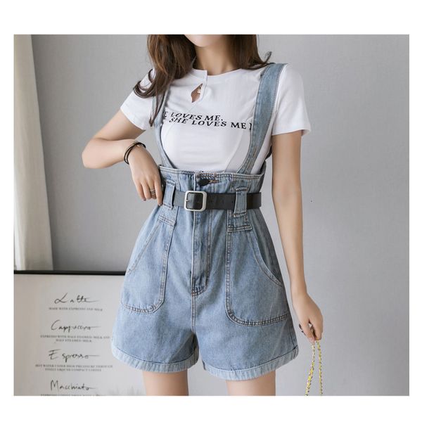 Kadın Tulumları Yük atanlar Yaz Kız Kısa Denim Tulum Moda Romper Kadınlar Yüksek Bel Kuşak Tulumlar Kısa Kot Kısa Kısa Bib Şort S-3XL 230426