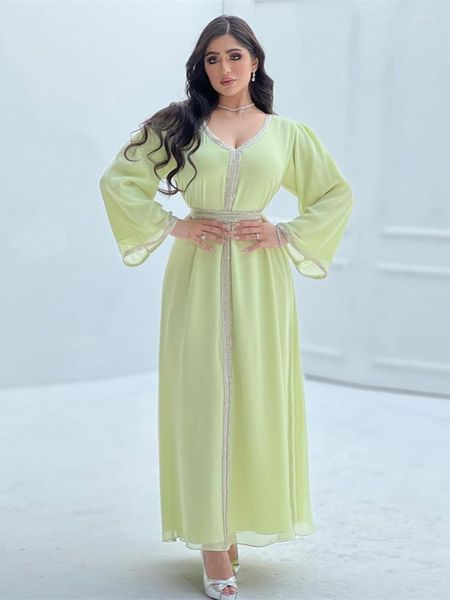 Roupas étnicas modestas mulheres muçulmanas vestidos marrocos caftan chiffon diamante abaya v cola de pescoço longa com cinturão soldado dubai marocain eid