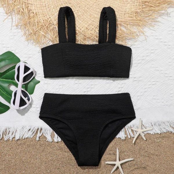 Damen Bademode Mädchen Solid Black Strukturierter Bikini Badeanzug Kinder Hohe Taille Kinder 7-14 Jahre Badeanzug Sommer Beachwear Biquini