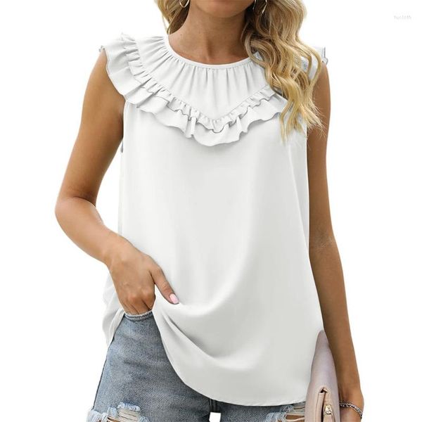 Blusas femininas grades de verão camisas brancas sem mangas soltas Mulheres elegantes blusas de chiffon casuais sólidas o pescoço blusas 25556