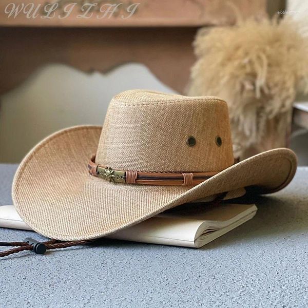 Berretti Cappello da cowboy occidentale stile etnico Cintura con teschio da uomo Paglia Protezione solare da donna Primavera Estate Tesa larga Jazz tibetano