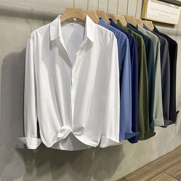 Camicie casual da uomo Moda autunnale Manica lunga Risvolto Baggy Elasticità Camicia da lavoro maschile formale da lavoro Nero Verde Grigio