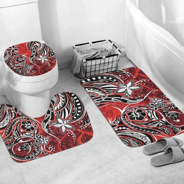 Coprisedili per WC Set per la casa polinesiano - Tappetino da bagno con coperchio per piedistallo stampato in 3D con stampa tribale rossa