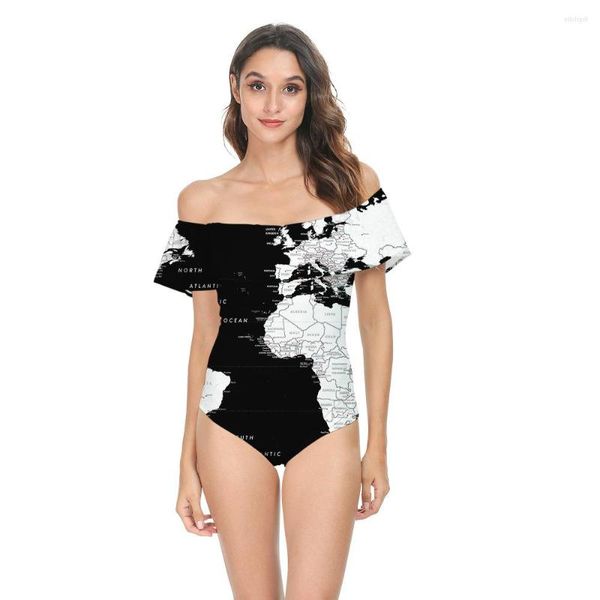 Costumi da bagno da donna 2023 Estate Europa e America Mappa stampa digitale 3D con spalle scoperte