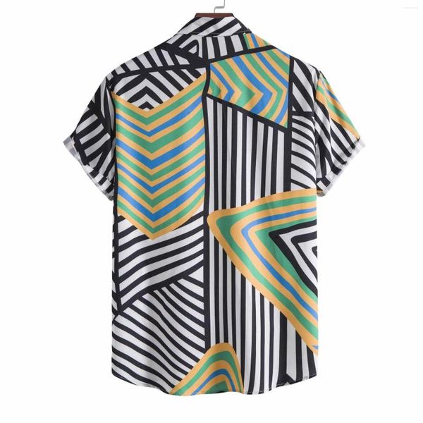Männer Casual Hemden Geometrische Muster Sommer Hemd Männer Outdoor Kurzarm Japanische Mode Kleidung Für Gestreiften Patchwork Top T