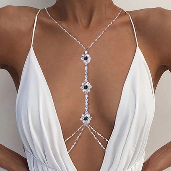 Navel Bell Button Ringe 2023 neue Blume Strasskette Europa und die Vereinigten Staaten grüner Diamant Bikini sexy Körperkette weibliche Körperkette