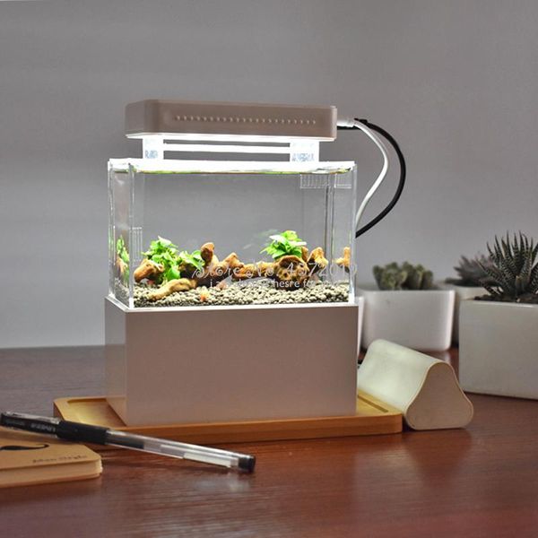 Tanks Verbessertes Mini-Kunststoff-Aquarium, LED-Licht, Desktop-Aquarium, Fischschale mit Wasserfiltration, leise Luftpumpe, Mini-Aquarium
