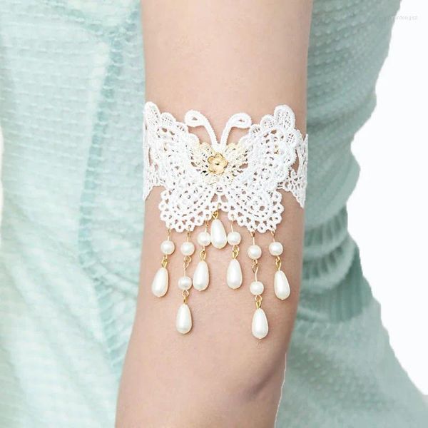 Charme Pulseiras Mulheres Senhora Handmade Dança Gótico Nupcial Braço Braçadeira Armlet Flor Branco Lace Borboleta Grânulos Gota Pulseira Jóias