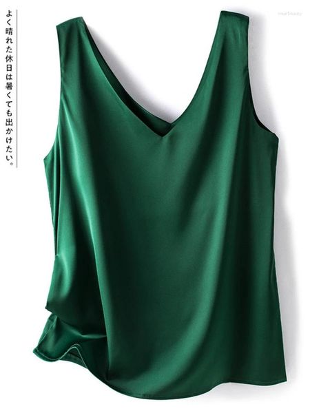 Serbatoi da donna T-shirt da donna Elegante camicetta in raso di seta senza maniche Donna Estate 2023 Casual allentato e camis Top verde solido per le donne