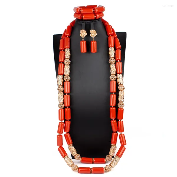 Colar brincos conjunto artificial coral contas jóias feminino longo duplo design nigeria noiva africano acessórios de casamento