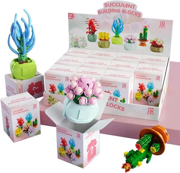 12 paketler Etli bitki yaratıcı buket yapı taşları küçük tuğlalar diy monte edilmiş oyuncak koleksiyon mini saksı bitkileri çiçekler inşa kitleri oyuncak setleri