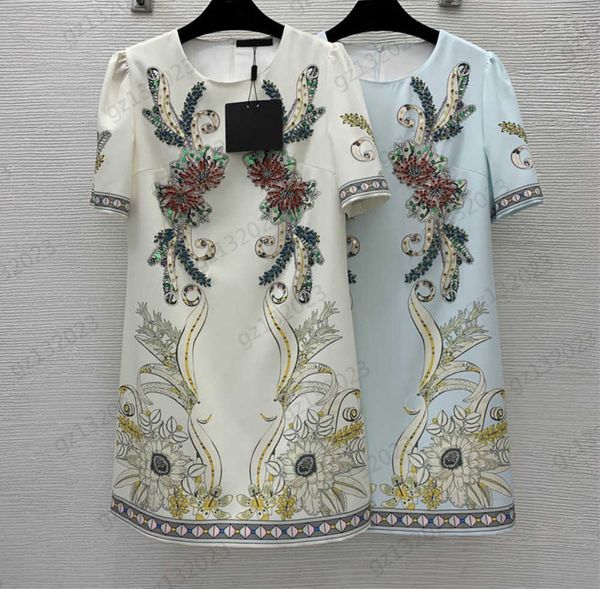 Летние платья Винтажные цветочные жемчужные блестки с вышивкой и короткими рукавами Платье Классический дизайн с круглым вырезом Молния сзади Открытая повседневная одежда макси-платья для женщин Элегантный 1970