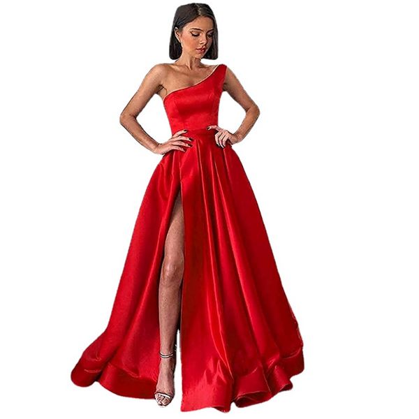 Abito da sera rosso con spacco monospalla Abito da sera formale da donna Abiti da gala Abiti da sera lunghi semplici ed eleganti in raso