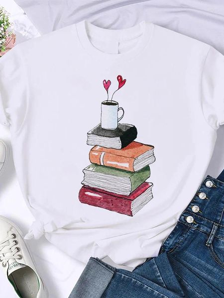 Damen-T-Shirts, Kawaii-lustige T-Shirts, Harajuk-Oberteile, modisches, lässiges Rundhals-Shirt für Frauen, T-Shirt mit Kaffee-Bücher-Aufdruck, süße Liebes-T-Shirts