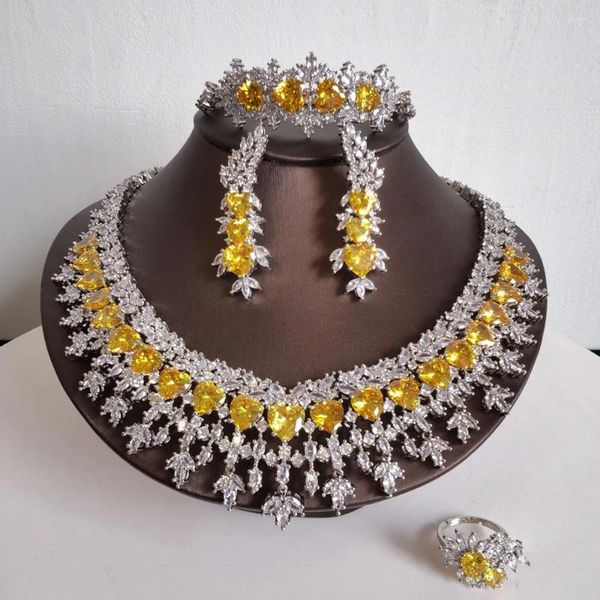 Collana orecchini set 2023 moda retrò giallo blu cuore goccia zircone orecchino braccialetto anello matrimonio sposa banchetto cena gioielli