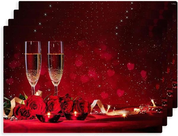 Tovagliette da tavolo San Valentino Rose Champagne Cuore tovagliette Set di 4 posti rossi per decorazioni da pranzo natalizie 12x18 pollici