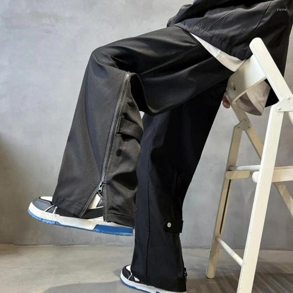 Calças masculinas cor sólida carga hip-hop estilo grosso velo forrado mid-rise calças largas com zíper