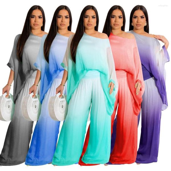 Damen zweiteilige Hose Sommer 2023 halbe Ärmel Chiffon Farbverlauf Tie-Dye Umhängetasche lässig lockerer und bequemer zweiteiliger Anzug