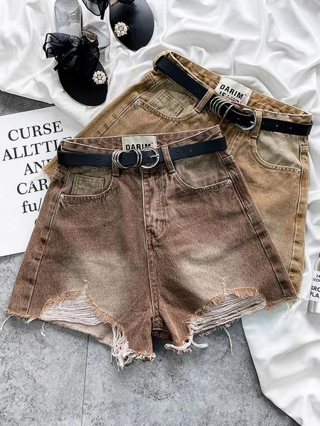 Jeans pantaloni di jeans vintage shorts marrone shorts shorts da donna 2022 Nuovo pantaloni caldi con gamba a gamba aline ruvida e ruvida