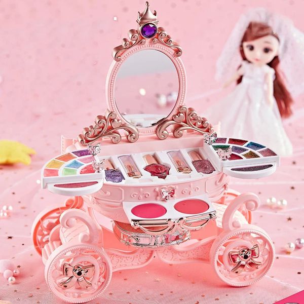 Set di trucco per gioielli per ragazze Kit di carillon luminoso lavabile Rossetto Ombretti Adesivi per smalto Gioco per bambini Regalo giocattolo 231124