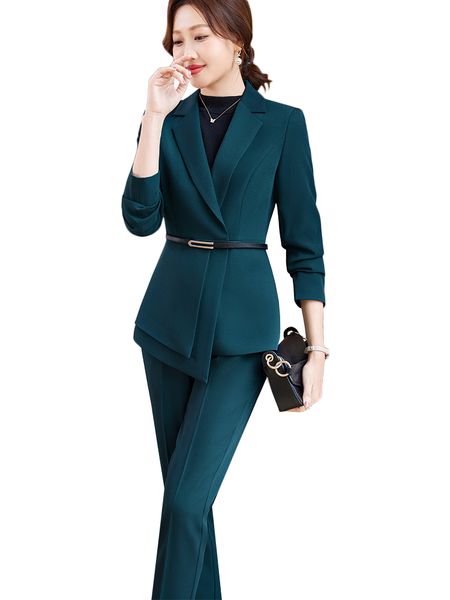 Ternos femininos Blazers Elegantes Mulheres Blazer formal e calça terno preto verde rosa Escritório de escritório Autumn Winter Business Work Wear Wear 2 Peças Conjunto 230426