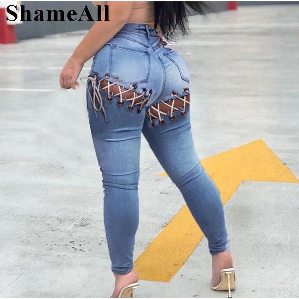 BOTTHMS PLUS PIÙ DISEGIE SEXY SULLO SULLA SU Blu Skinny Indie Jeans 3xl Street Womening Push Up Bandage Bandage Denim Anganited Denim Pant