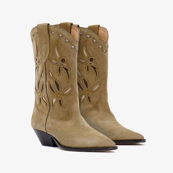 Botas pontiagudas bordadas vazadas vintage femininas, novo salto grosso esculpido, botas de cowboy ocidentais, 2023