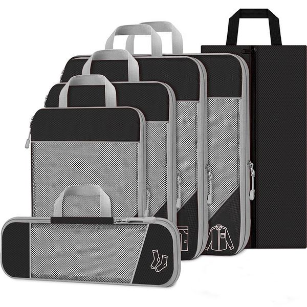 Gonex 6pcs/Set Travel Compression Packing Cubes, Lage Koffer Organizer Hanging Storage Bag Eco Premium Mesh CX200822