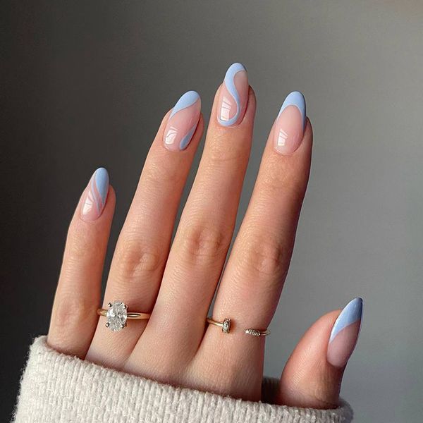 Unghie finte 24 pezzi Testa tonda lunga Stampa su nail art Finte rimovibili senza soluzione di continuità con colla Bara da balletto con blu riutilizzabile 230425