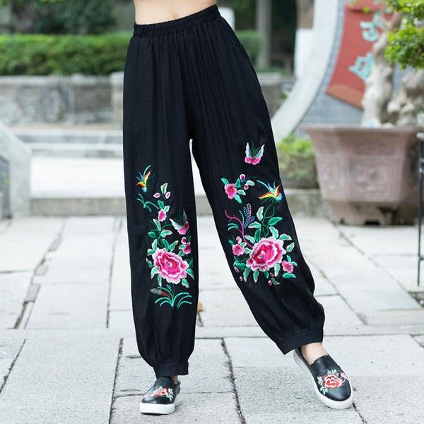 Jeans lazer étnico 2021 mulheres outono primavera boêmia hippie original bordado longa bordado jeans larga calça calça calça de calça chinesa roupas