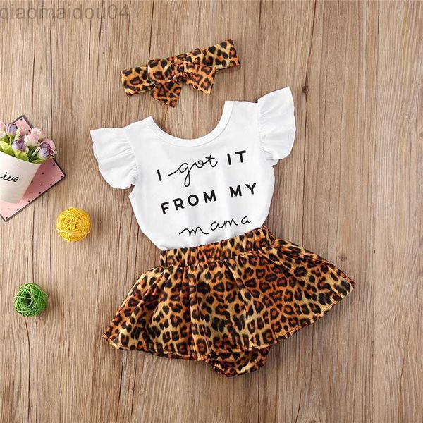 Kleidung stellt 3pcs neueste Sommer-Kleinkind-Säuglingsbaby-Baumwollbeiläufige Ausstattungs-Satz-Brief-Bodysuit+Leopard Shorts+Headband nette Baby-Kleidung AA230426 ein