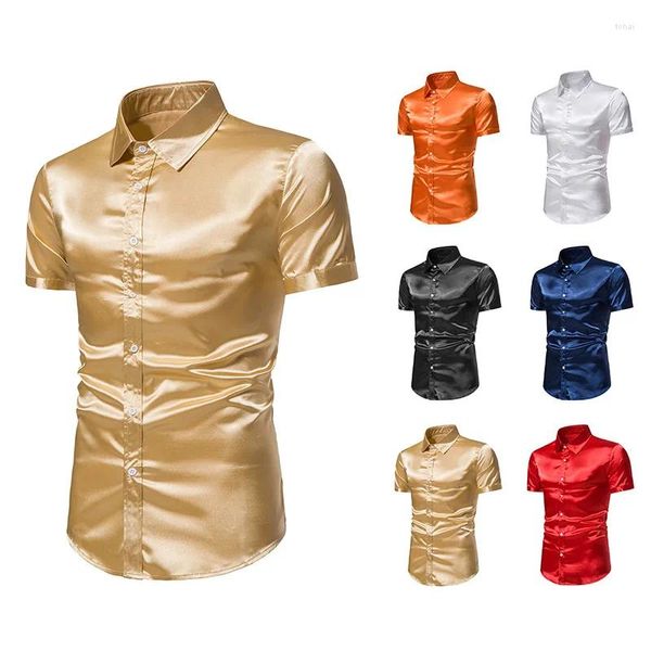 Camisas casuais masculinas verão ouro seda cetim smoking camisa homens manga curta ajuste regular homens dança festa de baile casamento masculino