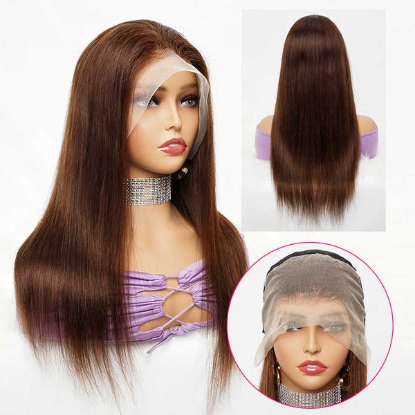 Sentetik peruklar kahverengi dantel ön peruk insan saç perukları kadınlar için şeffaf kapanma 12-28 inç uzunluğunda düz Hint Remy Bobbi 230227