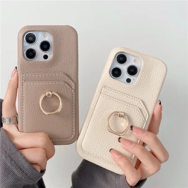 Custodia per telefono Vogue modello litchi con supporto ad anello per iPhone 14 13 12 11 Pro Max XR XS 7 8 Plus SE2 SE3 Slot per scheda sottile durevole Portafoglio in pelle solida Frizione Cavalletto Cover posteriore