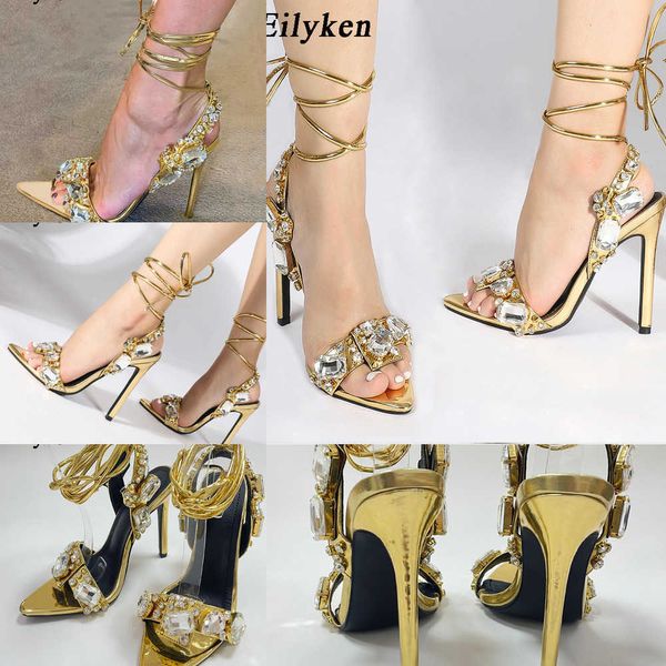 New Crystal Rhinestone Golden Women Sandals High Heels Saltos Cruzada Bombas de Festa Ponto Ponto Vestido Sexy Sapatos de Casamento 230306