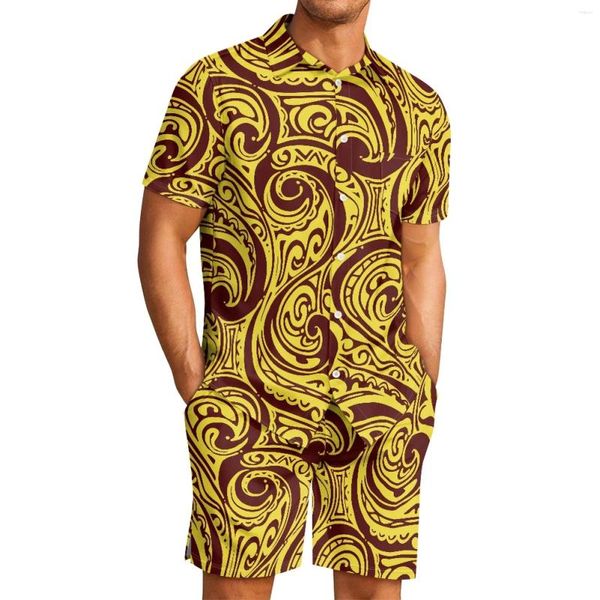 Tute da uomo Tribale Polinesiano Samoano Totem Tatuaggio Samoa Stampe Casual Camicia a maniche corte gialla Pantaloncini da spiaggia Set da 2 pezzi ad asciugatura rapida